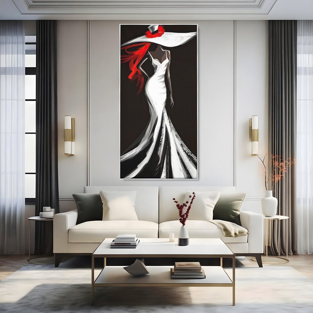 Tablou canvas cu tablou canvas cu silueta de femeie in rochie alba, in rama de aluminiu argintiu, pe perete intr-un living